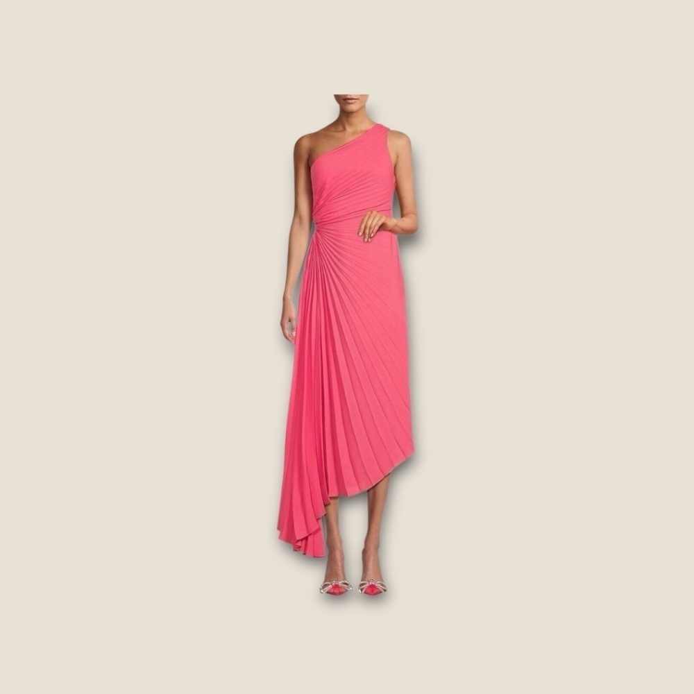 Nicole Miller Dress Maxi Asymmetrical Accordion Pleated Coral